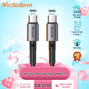 Cáp Sạc Nhanh Mcdodo CA-3130 Type-C to Type-C PD 65W Dài 1m – Hỗ Trợ Sạc Laptop Điện Thoại - CHÍNH HÃNG