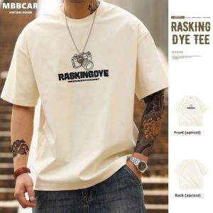MBBCAR brand American casual 210g foam woven circle short sleeved T-shirt for men in summer loose apricot color double-sided cotton print TEE