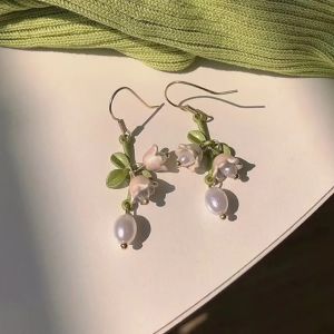 NOBLELUX Pearl Lily of The Valley Jewelry Set White Tassel Flower Necklace Green Orchids Bracelet Gifts