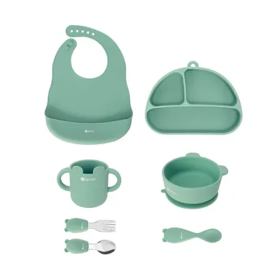 (SALE 8.8)Bộ ăn dặm 7 món silicon cao cấp màu Hồng Elmich Babycare