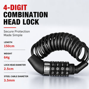 4-Digit Combination Lock 1.5m Extendable Bicycle Lock Anti-theft Bike Password Lock Alloy Steel Core & Lock Buckle for Helmets Backpacks Bicycles 4位密码锁