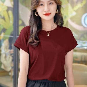 New Versatile Slim Fit Round Neck with Solid Color Design Summer Short Sleeved Feeling Niche Top with Bat Sleeves