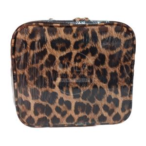 Leopard print cosmetic bag with zipper closure.