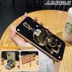 JJLINGJI Casing Ponsel untuk OPPO F11 Pro A9 A9x F9 Pro F5 Youth F7 A7x Realme 2 Pro U1 Case HP tiga pola Doraemon logam tepi mewah Casing silikon Kesing penutup belakang penuh kamera Softcase Phone Stands