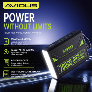 AVIDUS SU70 70000mAh 22.5W Built-in Cable Powerbank  Fast Charging  LED Digital Screen Emergency Flashlight Multi Port Portable Power Bank