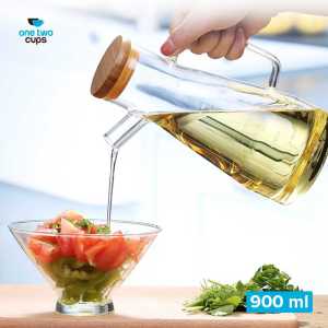 Teko Kaca Borosilikat Dapur Botol Minyak 900ml Transparan Tahan Panas / Wadah Minyak Dapur Kaca Anti Lekat / Tempat Bumbu Kaca Tahan Lama / Botol Minyak Goreng Dapur Anti Tumpah Gagang Glass Kayu