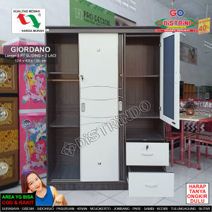 Lemari Pakaian 3 Pintu Geser Sliding Full Papan Tebal Design Mewah tapi Murah ada 2bh Laci di-depan