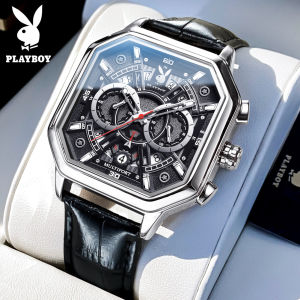 PLAYBOY Wacth for Men Sports Waterproof 2024 Original Leather watch band Cool Luxury High Huality Retangle Chronograph Quartz Watches