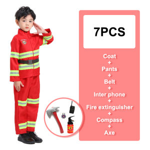 Fireman Costume for Kids Boy Cosplay Costumes Children Uniform Halloween Firefighter Costume for Kids Toys Kit Helmet Fire Extinguisher Intercom Axe Wrench ZJJ- Firefighter-Toy-5PCS/Set