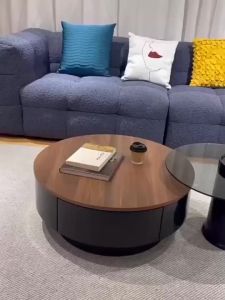 LZ-Vintage-style round stone coffee table for living room modern light luxury high-end simple antique walnut wood Italian design set