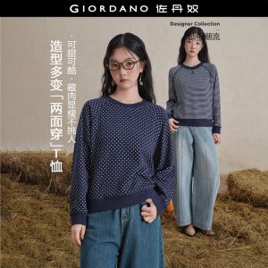 Giordano Women Reversible polka dot & stripe raglan sleeve tee Free Shipping 18326231