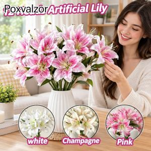 12 Heads Artificial Silk Lily Flowers Fake Bouquet Lifelike Floral For Wedding Home Party Decor