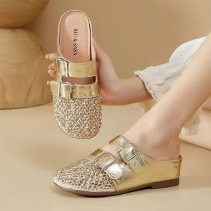 [Free Shipping] 5CM Inner Height-Increasing Fully Embellished With Rhinestones WomenS Summer Slip-On Sandals With A Mesh Upper And Thick Soles