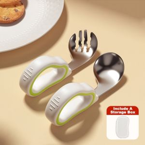DYJKOUG Self Feeding Baby Fork and Spoon Set 316 Stainless Steel Silicone Child Tableware Portable Safe Baby Cutlery Toddler Learn To Eat