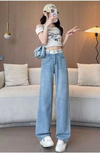 กางเกงยีนส์ Size : S-2XL เอวสูงขากว้างทรงสตรีทแฟชั่นเกาหลี ใส่สบาย แมทช์ง่าย สายชิคต้องมี!