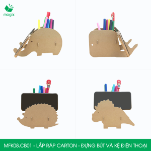 MFK08.CB01 - Combo 4 hộp đựng bút & kệ điện thoại lắp ghép giấy carton hình thú - con voi nhím khủng long cá voi