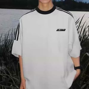 美式男式短袖学院运动风短t潮流青少年T恤夏宽松休闲短袖侧面三杠