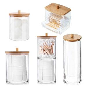 OKONOK Dustproof Bathroom Clear Cotton Swabs Rod Bottle Makeup Cotton Pad Organizer with Bamboo Lid Storage Box