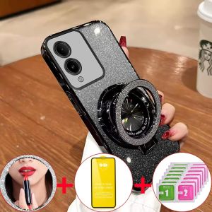 With 9D Soft Film Case for VIVO Y17S 5G 2023 phone casing Softcase Silicone shockproof Cover new design Clear aesthetic sparkle makeup mirror with holder SFMHZJ01