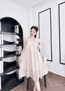 Đầm ngủ xếp ly bigsize 2dây suông rộng chất chiffon in hình dễ thương (tặng kèm chun cột tóc)