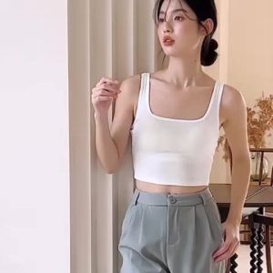 (SG InStock) Square Neck Padded Cotton Cropped Tank Top (Crop Blouse Singlet Padded Top Athletic Camisole) -YGR02