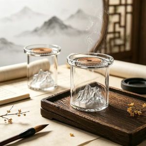 HULEQQI Metal Incense Plate Glass Mountain Incense Burner with Glass Ash Catcher Vintage Backflow Incense Burner Elegant Heat-resistant Cone Incense Burner Tea Room