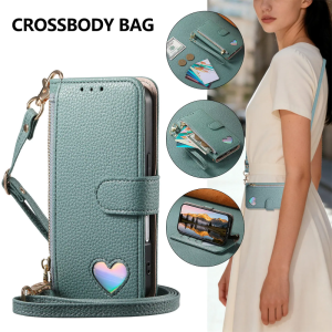 Flip Wallet Case for Motorola MOTO G05 G15 G14 G86 G75 G85 G24 G04S G35 G55 G56 G04 E15 4G 5G Leather Shining Love Zipper Phone Card Slots Fashion Long Strap Cover