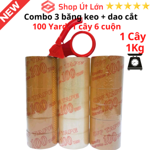 Combo 3 cây băng keo trong đục 100yard kèm dao cắt 1 cây 1kg lõi giấy 5mm chiều rộng cuộn 47cm mỗi cây  6 cuộn