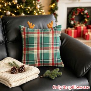 MAYIT Trang trí nội thất sofa Vỏ gối Giáng sinh Mềm mại Hình vuông Vỏ gối họa tiết sừng hươu kẻ caro Chất lượng cao Ấm cúng Vỏ gối trang trí Đồ trang trí Giáng sinh