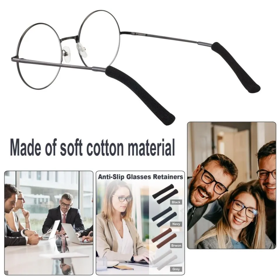 Eyeglasses Ear Cushions – Anti-Slip Knitted Cotton Sleeves, 4 Pairs (Black, Grey, Brown, Navy Blue)