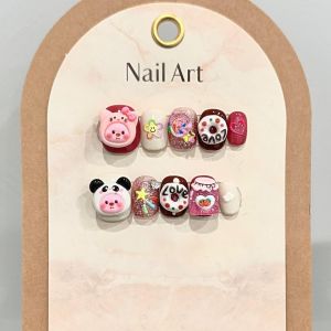 【HANDMADE】Artificial Nail Donut Cute Bear Candy Color Short Style Fake Nail Set With Glue Reusable and Removable Press on nails