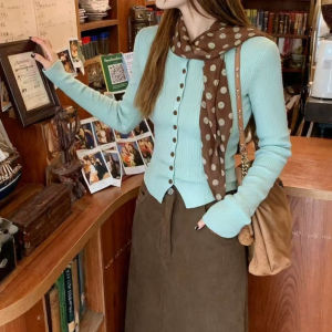 Korean Style Green Long Sleeve Knitted Sweater for Women Early Autumn Slim Fit Thin Cardigan Top with Skirt Set