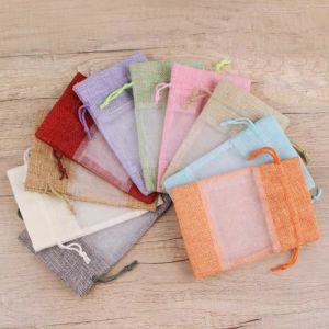 FLYING 1/10PCS Reusable Gift Drawstring Bags Washable Cotton Linen Storage Bags Organza Window Drawstring Gift Pouches For Wedding Party