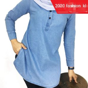Denim kapas Baju muslimah lengan penuh separuh Batton kapas lembut febris untuk stok siap womene mura mura S-5xl
