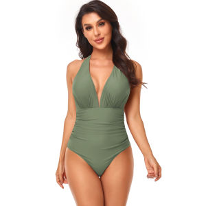 2023 New Year Solid Color Swimsuit Pleating Halter Foreign Trade Swimsuit Popular Swimsuit ㏇L0514