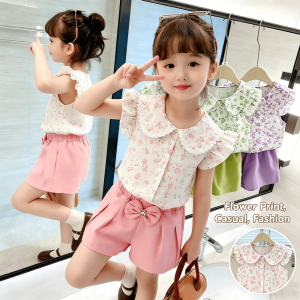 AILEBE Girls Summer Clothes Short Sleeve Set  Flower Print Casual Fashion OOTD T-Shirt And Shorts 2-Piece Set Lightweight Comfortable  For 0-6 Years Old Kids