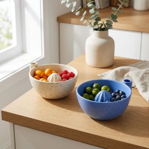 OOC Ceramic Automatic Fruit Washing Bowl Built-In Drain Slots Drain Spout Berry Swirl Washing Bowl Unique 360 Degree Rotating Fruit Washing Machine Home Kitchen