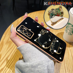CHENYYKA Casing Ponsel untuk VIVO V23E 5G Y75 V23 5G S12 5G V21 5G V21s 5G V25 5G V25E X80 Lite 5G Case sandaran ponsel Hello Kitty desain baru HP kamera Casing lipat Plating Kesing