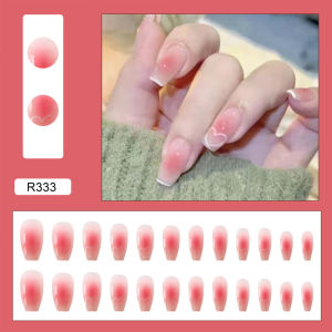 【Glue Type】 Wearable Fake Nails Detachable Short Blush Gradient Love Finished Nail Piece Sticker Manicure Piece Wearing Nail