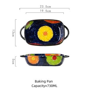 OMK Polish Series Hand-painted Ceramic Rectangular Baking Pan Round Baking Pan with Two Ears Baking Trays & Pans