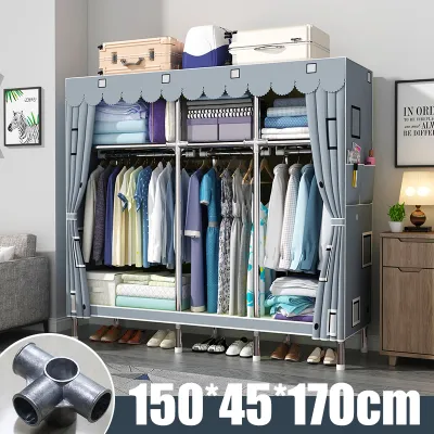 Cloth Wardrobes With Aluminum Alloy Steel Pipe Clothes Storage Organizer Simple Cabinet Wardrobe For Clothes Alloy Interface Dustproof Cloth Wardrobe Home Bedroom Student Dormitory Home Storage Cloth Wardrobe 195*45*170cm