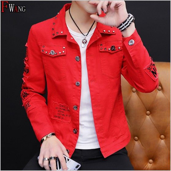 Red jean best sale jacket for men