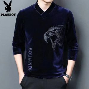 ZeroDis Spring and Autumn Mens Gold Velvet Sweater V-neck Printed Loose Long Sleeve Sweaters