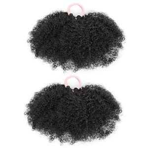 MAOMEI STUDIO 2Pcs Elastic Kids Synthetic Puff Ponytail Black Natural Mini Afro Kinky Curly Hair Bun Fake Hair Hair Piece Afro Puff Drawstring Ponytail Little Girls