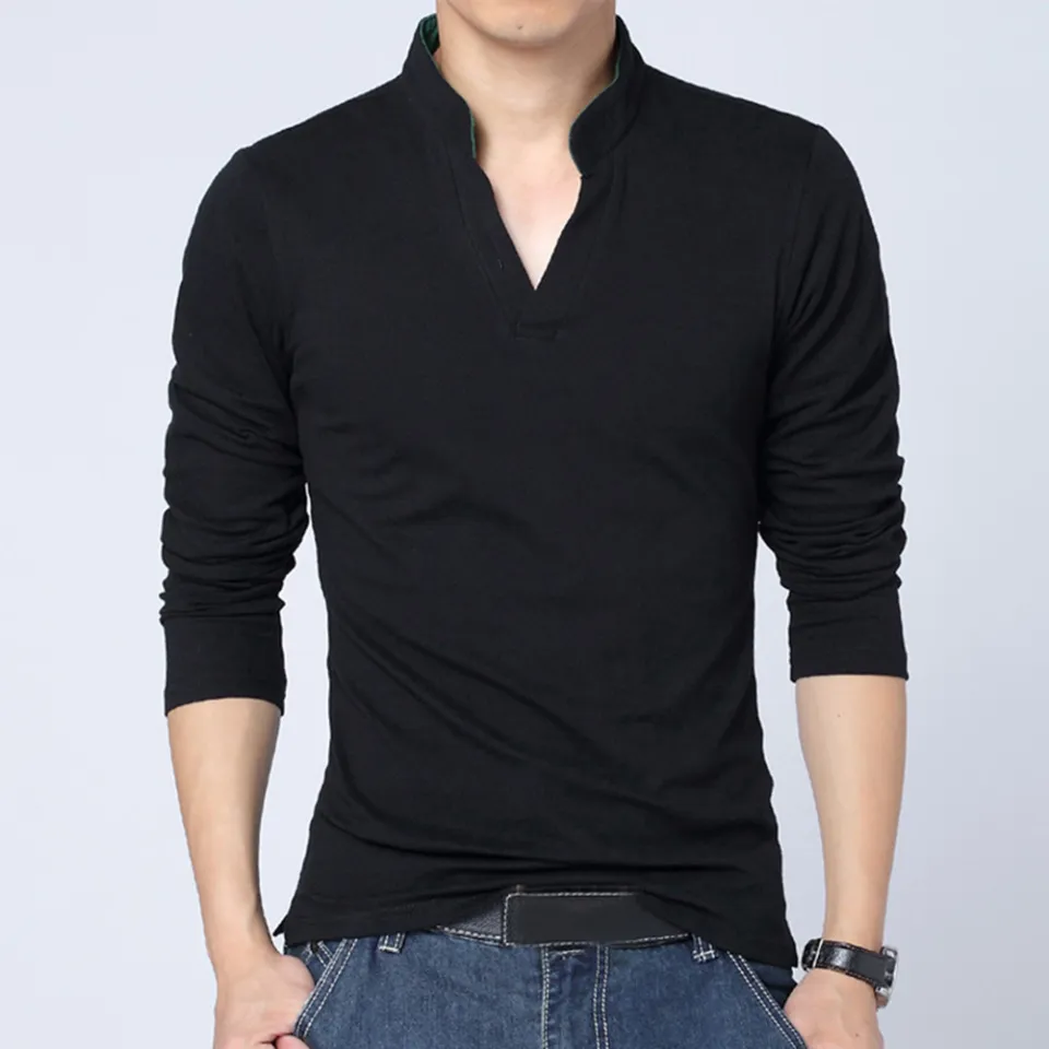 wenchengbo® Solid Color Men Casual Stand Collar V Neck Long Sleeve