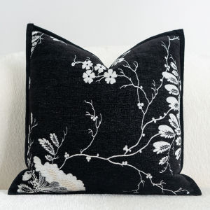 1Pcs Elegant Black and White Floral Jacquard Geometric Lattice Cushion Cover Textured Woven Decorative Throw Pillow Case with Contrast Edge for Couch Sofa