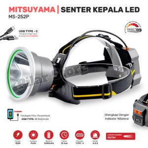Senter Kepala Jumbo 120W MITSUYAMA MS-252P | Headlamp Camping Outdoor Waterproof Cahaya Putih Super Terang Baterai Lithium 9600mAh Tahan Hingga 15Jam | Senter Kepala CAS Rechargeable Powerbank Isi Ulang