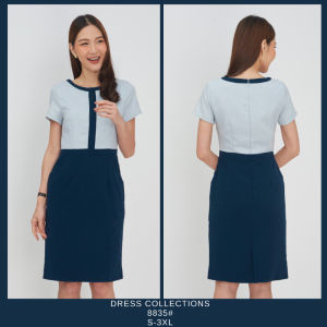 Laboratory 8835# เดรสคอกลมสีพื้นแมทช์ผ้าทวิตทูโทน มีไซส์ S-3XL
