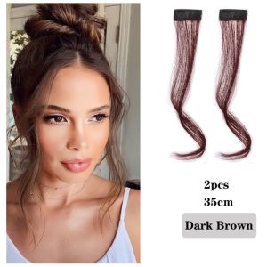 35cm 2pcs Long Curly Bangs Clips Front Two Side Fringe Hair Extension Natural Synthetic Middle Part Fake Fringe for Women