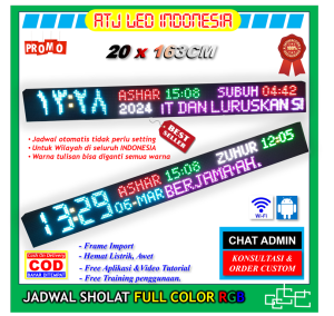 Premium Jadwal Sholat digital Full LED running text jam adzan iqomah otomatis masjid musholla RGB Full color berwarna